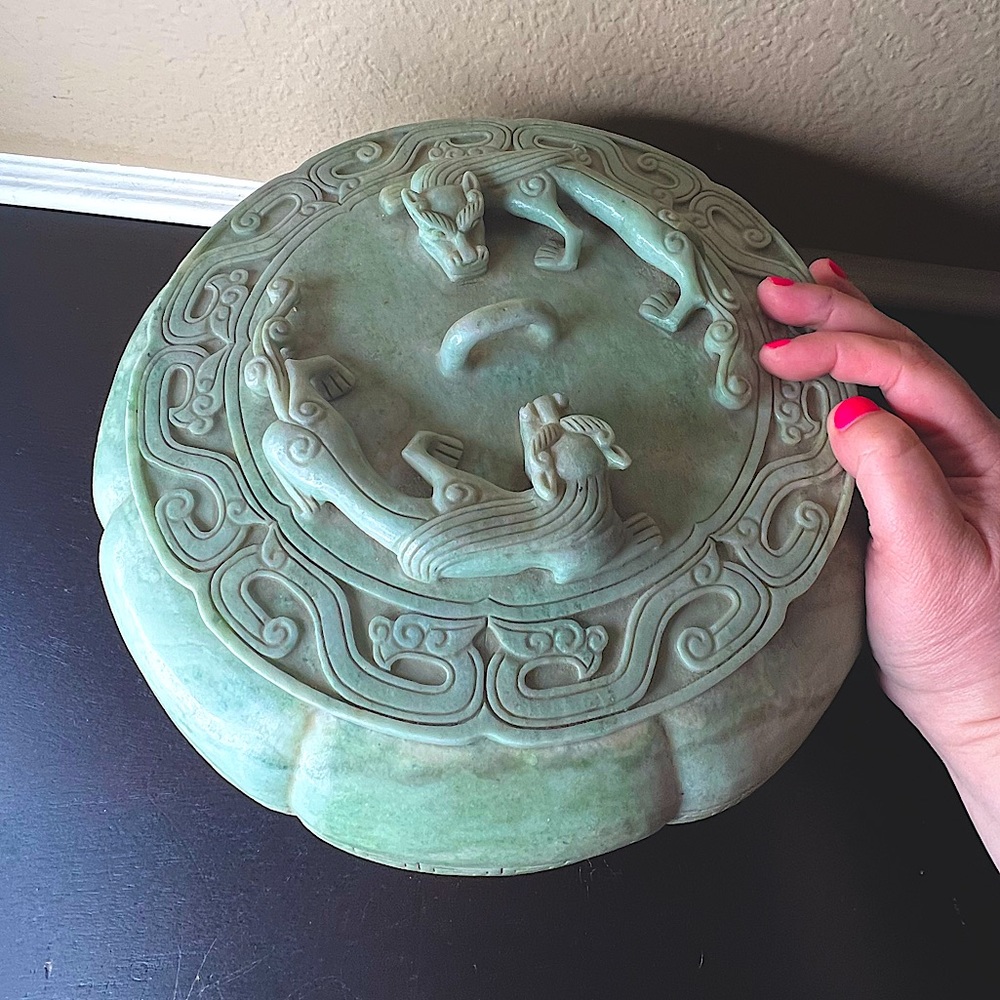 Midcentury Asian Carved Soapstone Lidded Bowl Dueling Dragons, Carved Stone